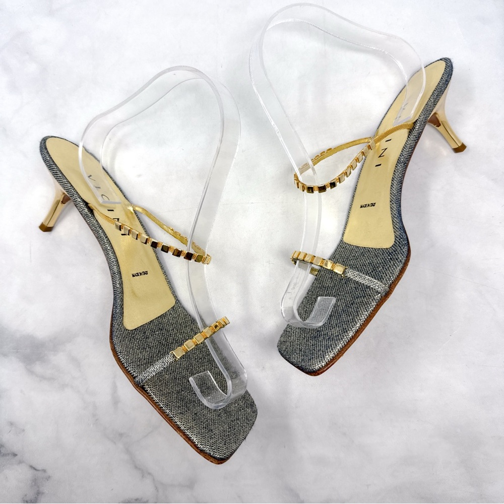 NEW Vicini by Giuseppe Zanotti Glitter Denim Low Kitten Heel Mule Sandal Gold 40 - Picture 9 of 16